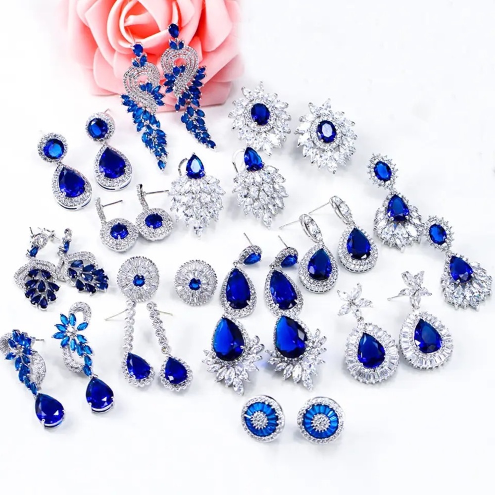 Blue Tear Drop Sapphire Crystal Silver Earrings - Picture 2 of 16